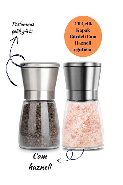 BRE HOME 2 Pieces Stainless Steel with Lid Glass Container Spice Grinder Pepper Salt Grinder
