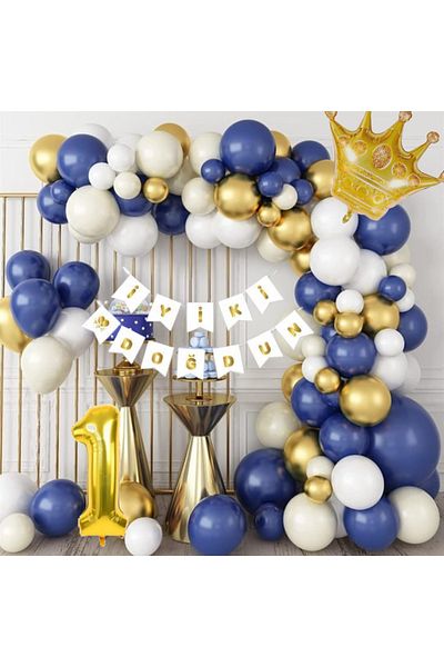 CUGY Navy Blue Gold White 1 Year Old Number King Crown Birthday Party Set Balloon Chain