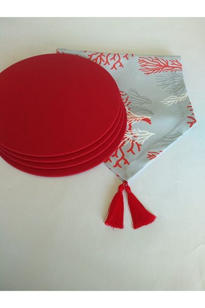 Ayşemce Placemat Set Red Coral Patterned Runner (4 Red Plates)