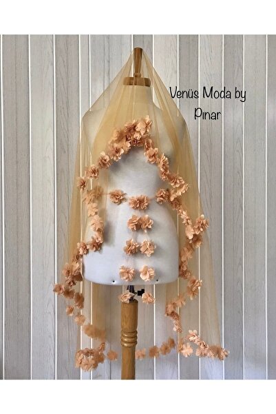 VENÜS MODA by Pınar Taba Renk Duvak Hardal Sarı Kına Duvağı Kaftan Duvak 3 Boyutlu Çiçekli Duvak 150 Cm Kuşaklı
