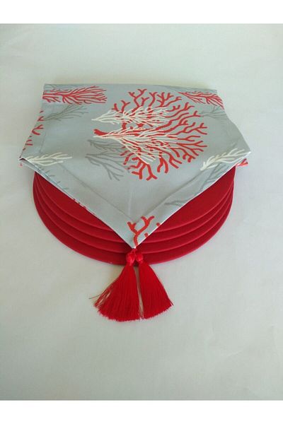 Ayşemce Placemat Set Red Coral Patterned Runner (4 Red Plates)