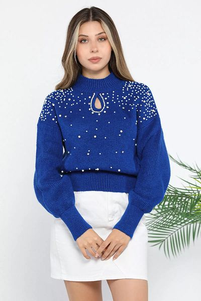 GÜLSELİ Sax Blue Stoned and Pearled Knitwear Sweater for Women
