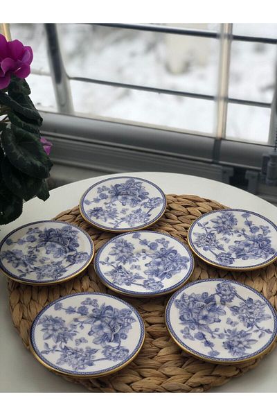 GÖNÜL COLLECTION Blue Blanc 12 Cm 6 Pieces Tea Plate Appetizer Turkish Delight Bowl