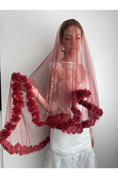 VENÜS MODA by Pınar Voal de henna burgundă cu flori tridimensionale, voal de ...