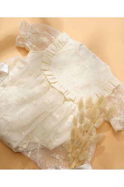 Little Ya Ya Love Ecru Lace Detailed JAZIEL Romper and Socks Set