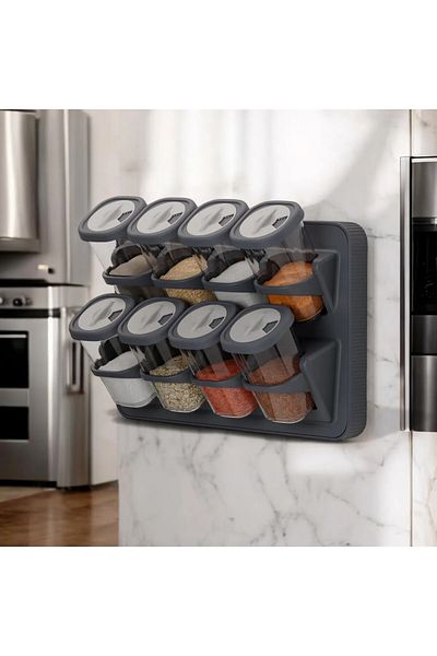 Kitchen Dream Anthracite 8-Piece Spice Rack Set - Hanging, Adhesive Countertop Stand and Rotating Lid
