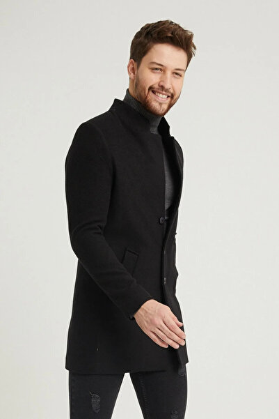 REMA STİL Erkek Siyah Slim Fit Dik Yaka Kaşe Kaban