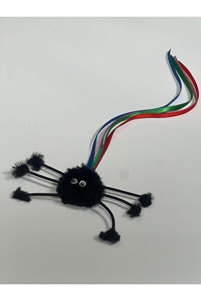 Peluş Kedi Oyuncakları Tüylü, renkli kurdeleli, keçeli kedi oyun örümceği Siyah