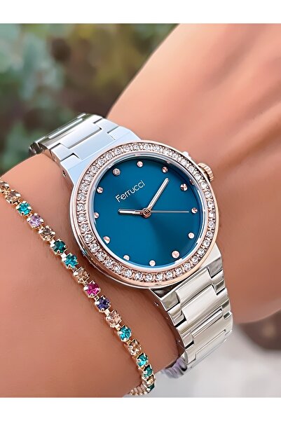 Ferrucci ÇELİK KORDON TAŞ MOTİFLİ KASA 3 ATM SU GEÇİRMEZ KADIN KOL SAATİ+BİLEKLİK HEDİYELİ
