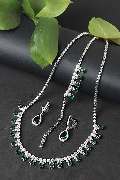 BY BARUN SİLVER Gümüş Set Gerdanlık Kolye Küpe Bileklik Safir Zümrüt Yakut 925 Ayar Zirkon Taşlı Beyaz Silver Zincir