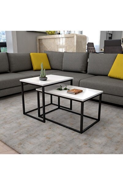 AYMOBSAN Pissa Metal Ayak Orta Sehpa Yan Sehpa 2li Zigon Sehpa Beyaz