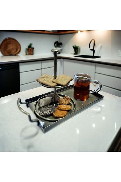 LUCKYHOMES Rectangular Presentation Tray with Wire Handles, Stainless Gold Plated Tray 25 cm