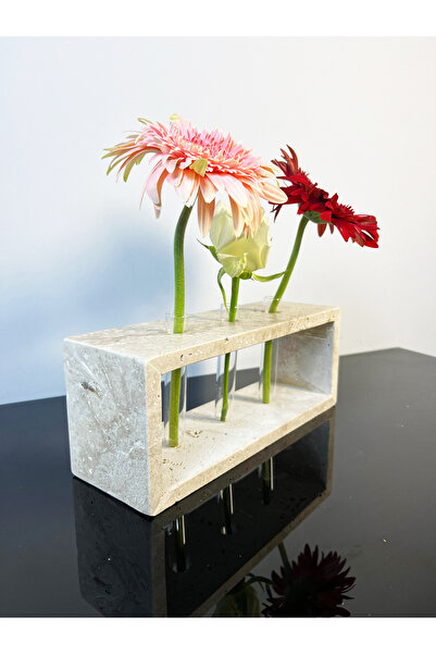 Modestmar Traverten Mermer Tüplü Çiçeklik, Dekoratif Mermer çiçeklik yatay 3 ...