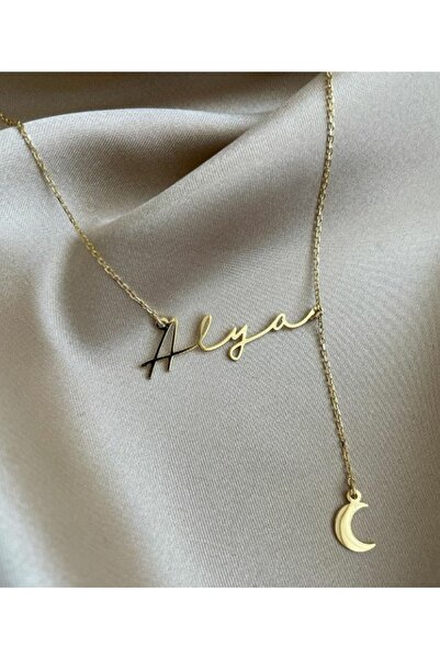 Genel Markalar Ay Uzantılı Isim Kolye 925 Ayar Gümüş Kaplama 18 Ayar Altın Ka...