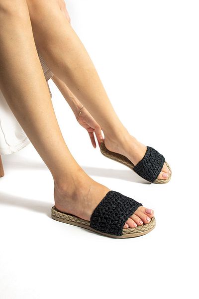 Moda Devrin Γυναικείες Παντόφλες - Μαύρες Ψάθινες, Αντιολισθητική Σόλα, Πισίνα Sea Beach
