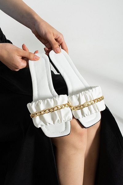 Moda Devrin White Drawstring Women's Slippers Outdoor And Home Slippers