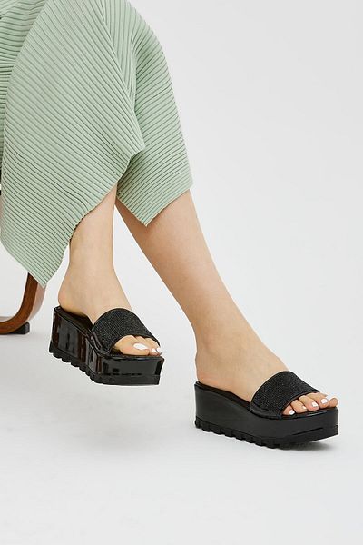 Moda Devrin Papuci de damă cu toc plat cu piatră neagră neagră Papuci cu talpă înaltă