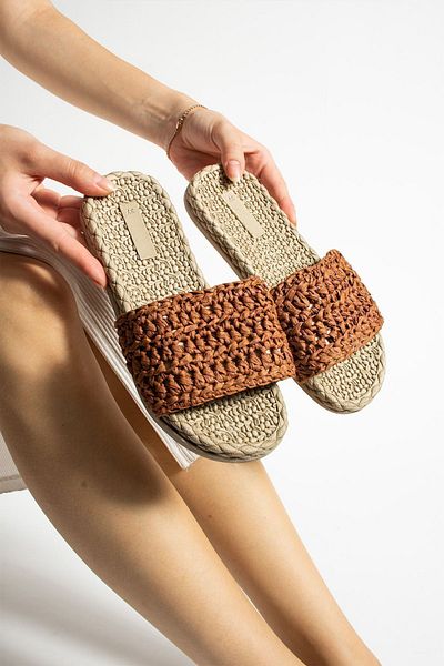 Moda Devrin Cinnamon Color Straw Women's Slippers - Non-Slip Sole, for Pool and Sea Beach