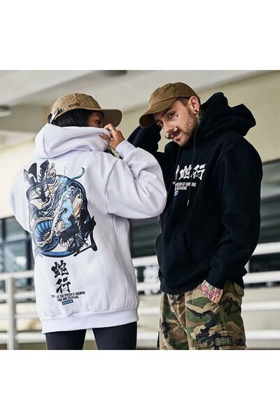 DEEPSENCE Μαύρο ανδρικό φούτερ - Χειμερινή κουκούλα, πίσω στάμπα φίδι