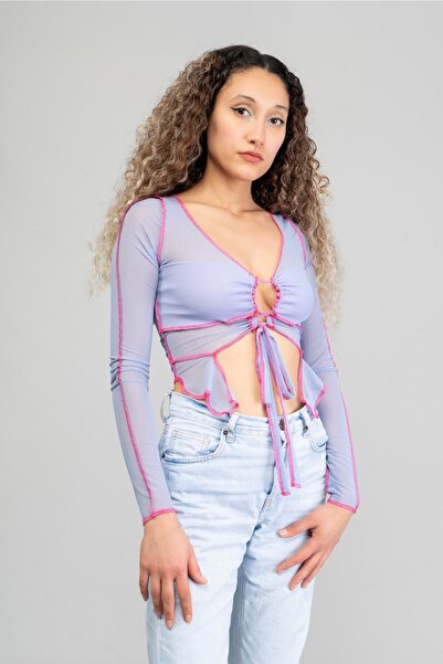 offcastle Lila Uzun Kol Dekolteli Tül Büstiyer Crop