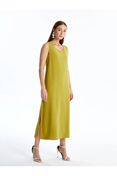 LC Waikiki Πράσινο λινό μείγμα ελιάς - Γυναικείο φόρεμα με λαιμόκοψη - LCWAIKIKI Classic