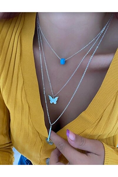 monalisatoka 3'lü Gümüş Renk Pul Kelebek Kolye