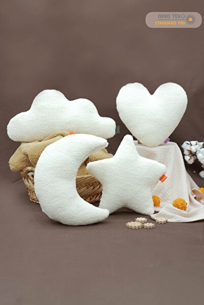 mordesign طقم وسائد تيدي مكونة من 4 قطع بنمط قلب ونجوم وقمر - رقيق للغاية، مزخرف، سلسلة Morteddy Sky