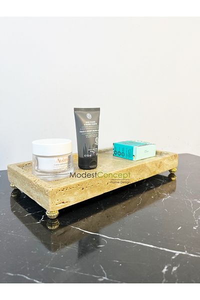 Modestmar 15X30Cm Natural Travertine Marble Tray with Blackberry Legs - Bathroom Organizer and Organizer