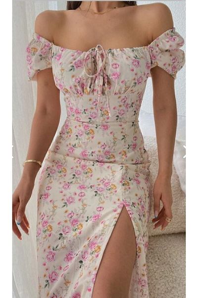 MOODMODA Kleid Sunny Dress mit Schlitzdetail Beige