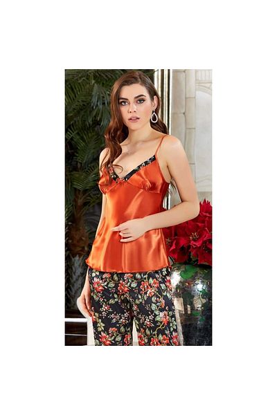 Jeremi 3114 Dowry Silk Satin Triple Strap Pajama Set - Orange