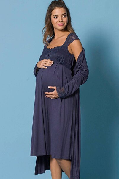 MONAMİSE 18210 Комплект нічної сорочки для вагітних та жінок після пологів - темно-синій