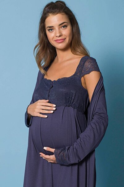 MONAMİSE 18210 Комплект нічної сорочки для вагітних та жінок після пологів - темно-синій