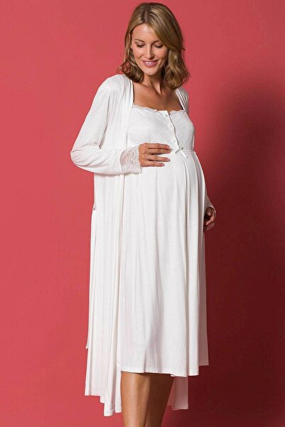 MONAMİSE 18202 Hamile Lohusa Sabahlıklı Gecelik Takım - Ekru