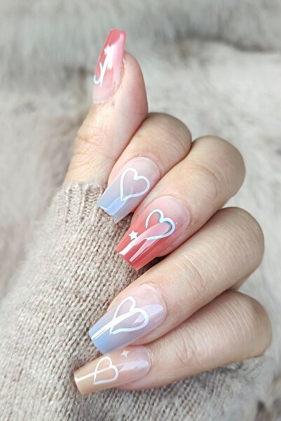 Easy Beauty Kısa Takma Tırnak Seti 24'lü Renkli Kalpler Desenli. Küt Takma Tı...