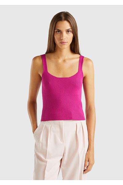 United Colors of Benetton Women's Fuchsia Viscose Blended Ribbed Detail Square Neck Strap Top