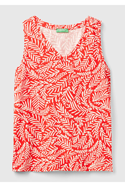 United Colors of Benetton Women's Red 100% Cotton All Patterned Split Wide V-Neck Undershirt