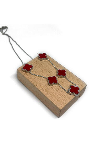 EleganceEssence Beşli Yonca Bordo Altın Çelik Kolye