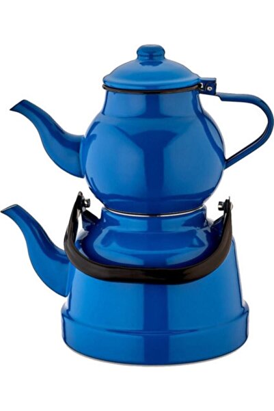Ebru Metal Emaye Büyük Boy Çaydanlık Mavi Nostalji Alt 3,3 Litre Üst 1,5 Litre