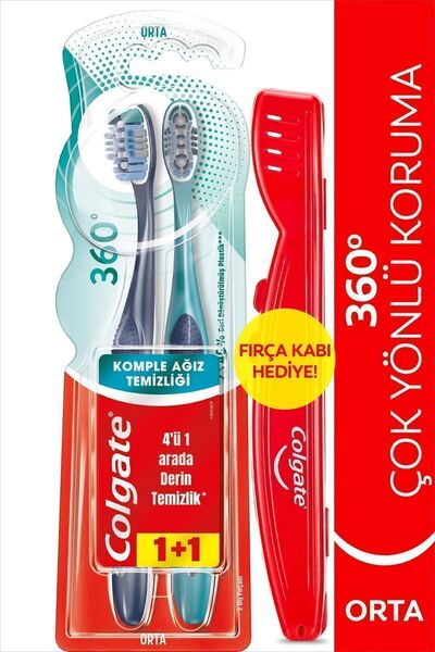 Colgate 360 Komple Ağız Temizliği Çok Yönlü Koruma Orta Diş Fırçası 1+1 & Fırça Kabı Hediye