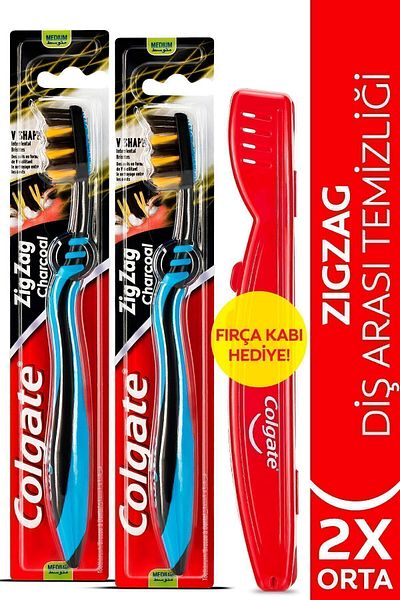 Colgate ZigZag Charcoal Tooth Cleaning Medium Toothbrush - x 2 Pieces + Gift Container