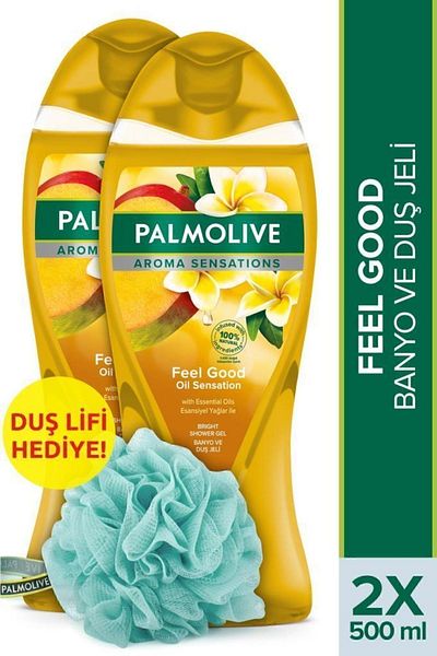 Palmolive Aroma Sensations Feel Good Silky Bath and Shower Gel 500 ml x 2 Pieces + Shower Loofah Gift