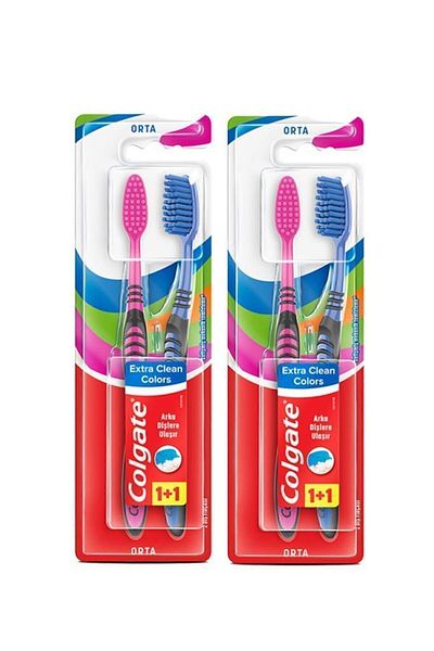 Colgate Colors Medium Toothbrush with Extra Clean Tongue Cleaner, Extending to Back Teeth 1+1 x2 Pieces