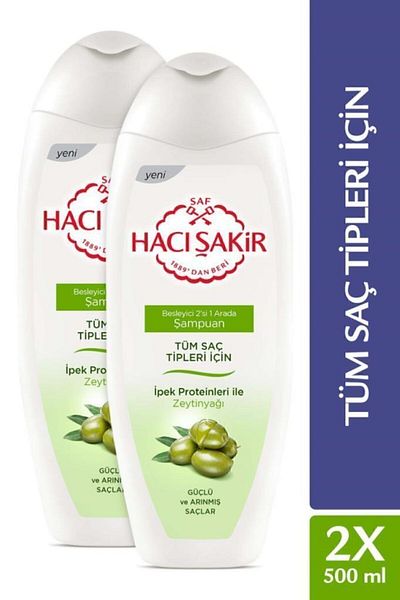 Hacı Şakir Olive Oil Nourishing - for All Hair Types, Set of 2 in 1 Shampoo, 500 ml x2 Pieces