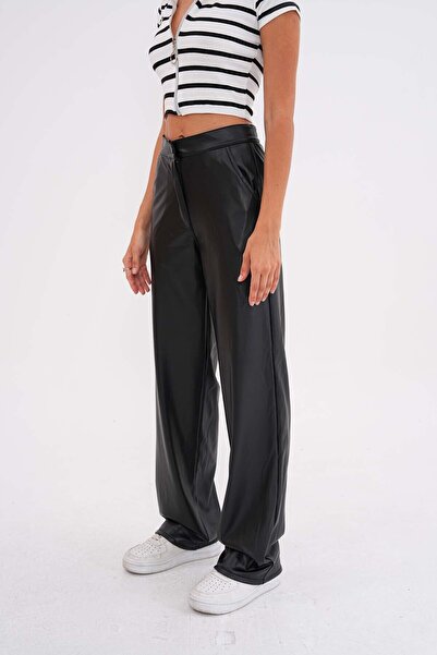 alanora Women's Leather High Waist Wide Leg Lined Pants