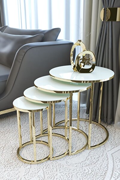 Puklife Ceylin 4lü Zigon Sehpa Gold Renk Metal Ayak, Beyaz Kırılmaz Cam