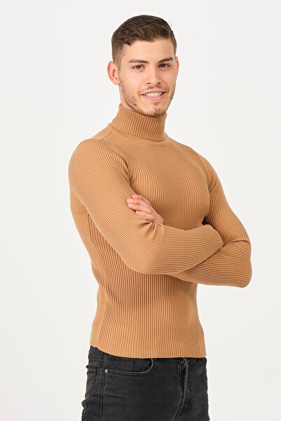 1000LAKE Erkek Krem Yarım Balıkçı Yaka Fitilli Ince Triko Kazak