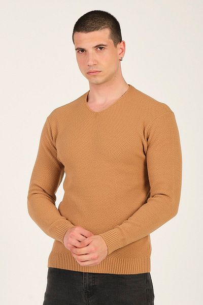 1000LAKE Ανδρικό πλεκτό πουλόβερ με λαιμόκοψη V Cream Basic