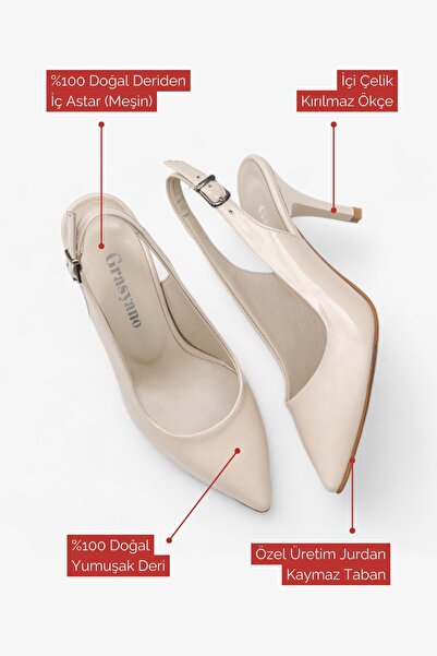 Grasyano Ecru Cream Patent Leather Genuine Leather Sandals - Soft, Open Back, 7.5 cm Pointed Stiletto Heels