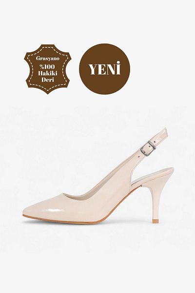 Grasyano Ecru Cream Patent Leather Genuine Leather Sandals - Soft, Open Back, 7.5 cm Pointed Stiletto Heels