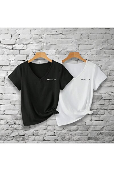 RASCHA Tricou damă alb-negru cu imprimeu Brooklyn - croială normală cu decolteu în V din 2 piese